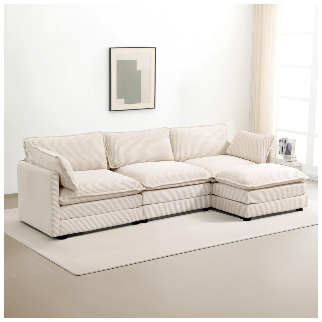 112'' Modular Sectional Cloud Couch with Movable Ottoman, 4 Seat Modern Corduroy Sofa