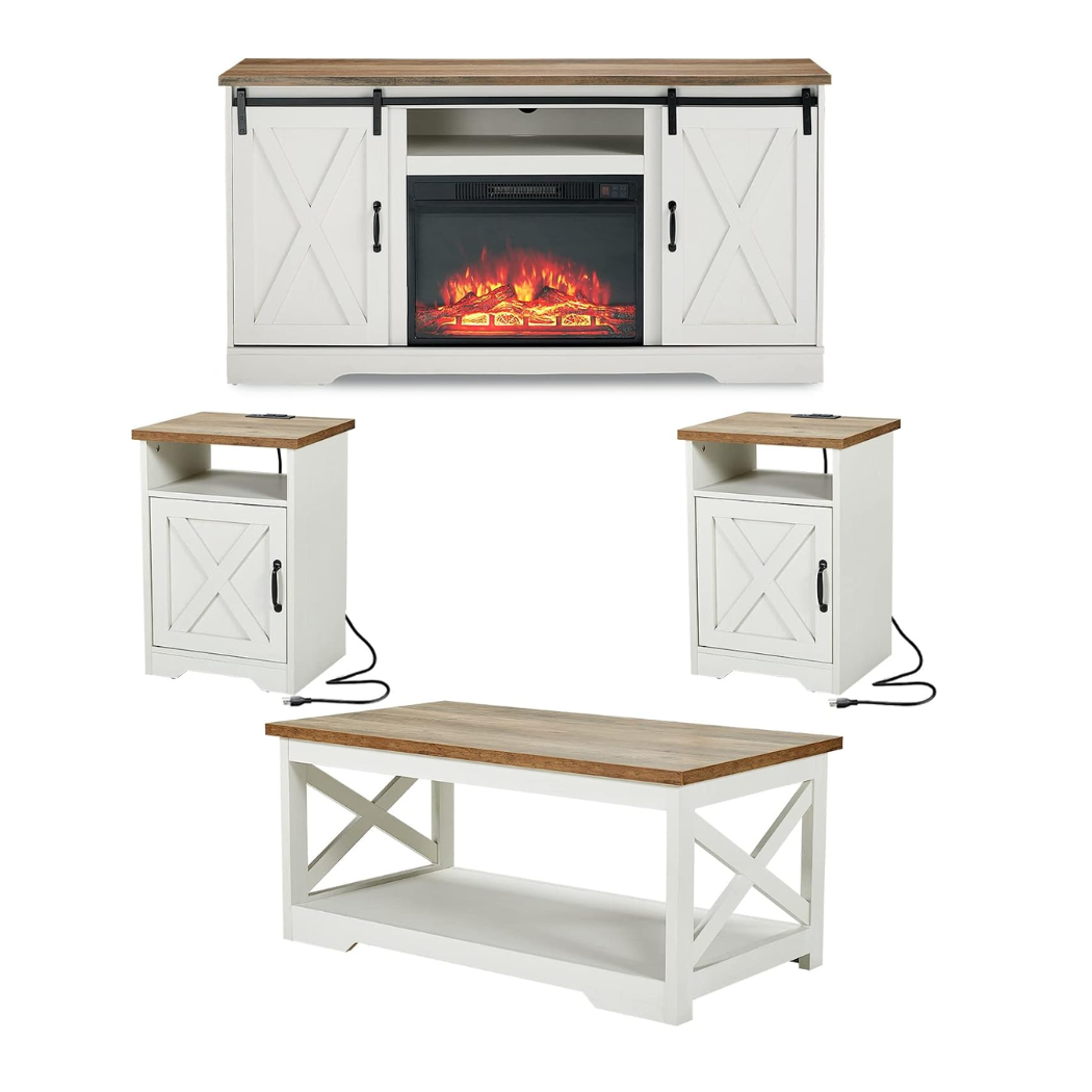 Farmhouse 5 Piece Living Room Table Set, 59" TV Stand, White
